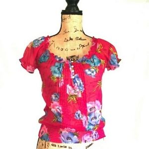Hollister Floral Top Blouse Semi Sheer Pink Scoop Neck Henley Ruffle Sleeve EUC